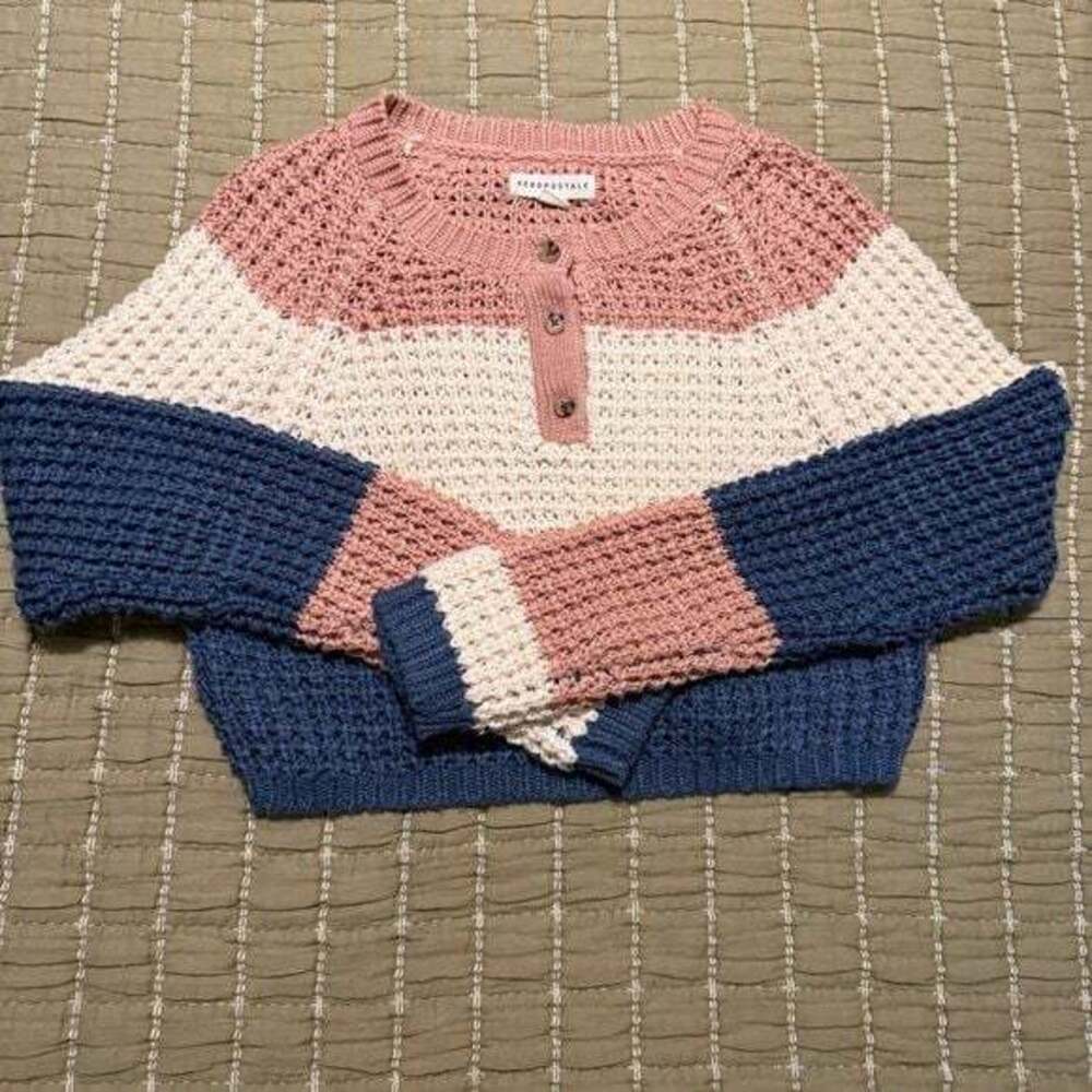 Aeropostale Rose Pink White Navy Colorblock Cropped Henley Sweater